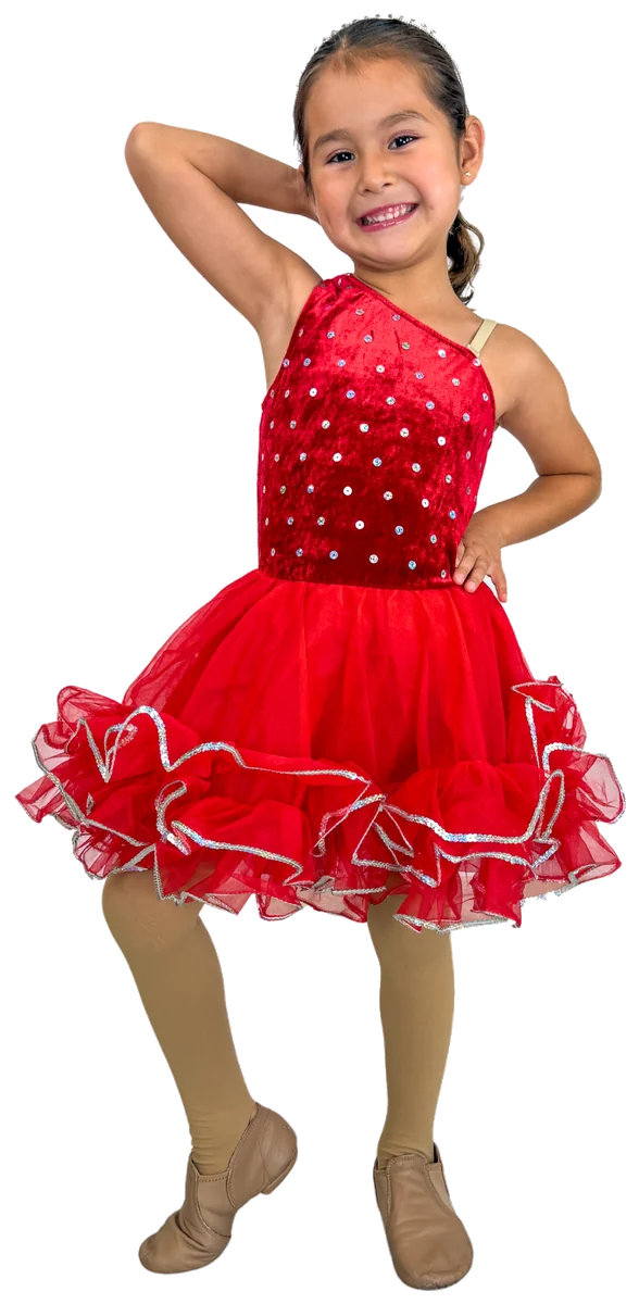 Young dancer in a red sequin leotard and ruffled tutu, posing with one hand behind her head